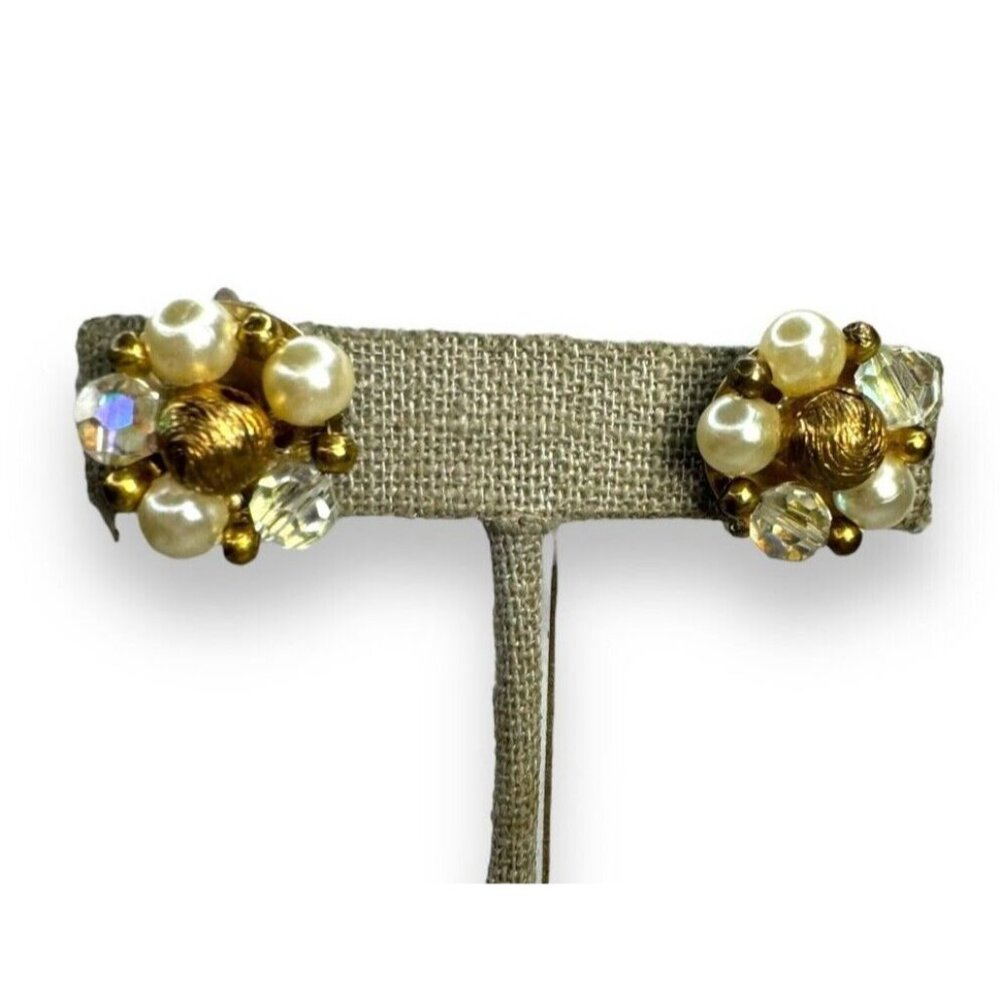 Vintage Lisner Faux Pearl Crystal Cluster Clip Earrings Gold Tone .68" 1950s